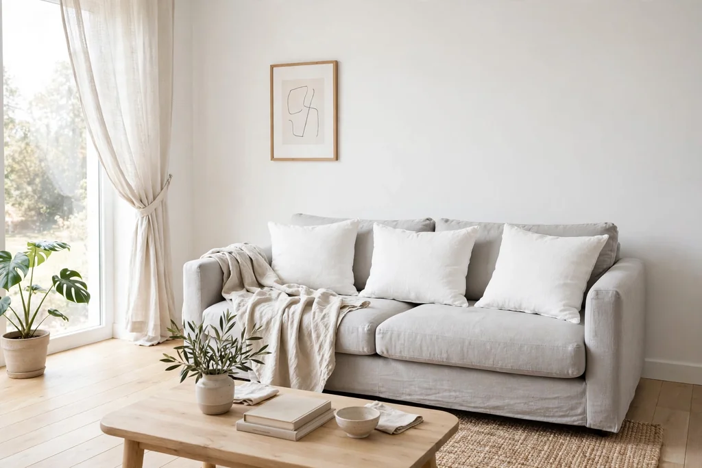 Light grey sofa against white walls, with a pale wood floor, white cushions, and a light linen throw.