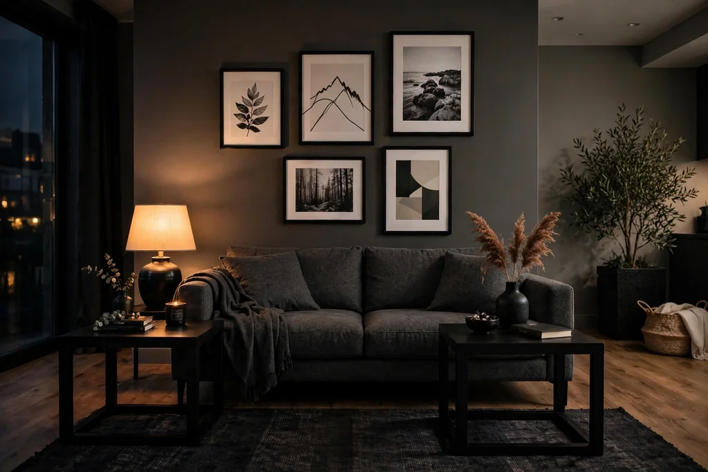 Dark charcoal grey sofa with black side tables, black picture frames, and a dark rug.
