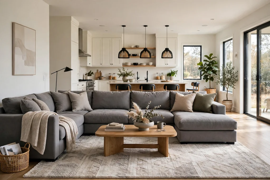Large grey L-shaped sectional in an open plan living room, with a low coffee table and a large rug.