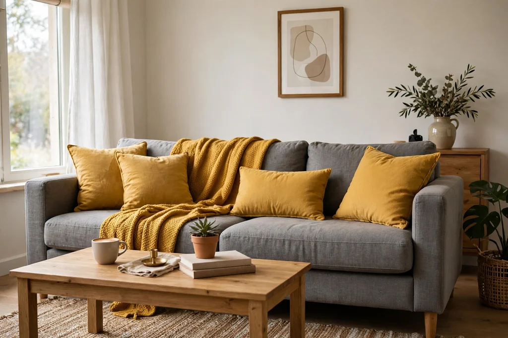 Grey sofa with mustard yellow cushions and a mustard throw, and a wooden coffee table.