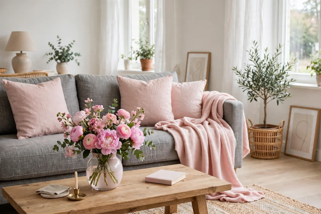 Grey sofa with blush pink cushions and a soft pink throw, with a vase of pink flowers on the coffee table.