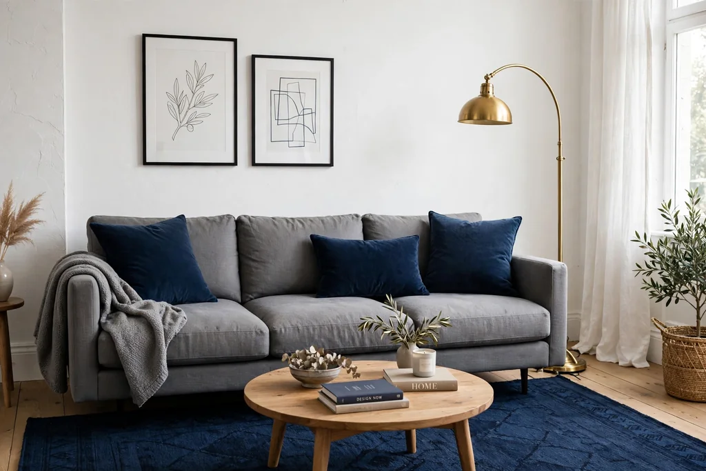 Grey sofa with navy blue cushions and a navy rug, white walls, and a brass floor lamp.