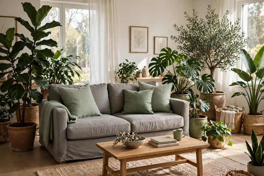 Grey sofa with sage green cushions surrounded by large potted plants in natural light.