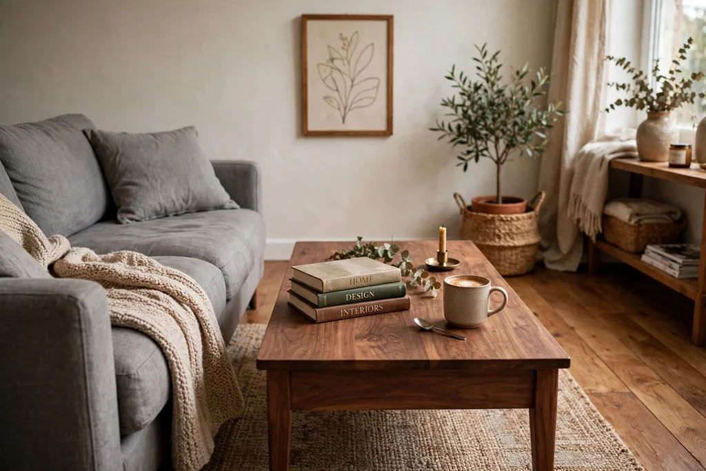 Grey sofa beside a warm walnut wood coffee table with books and a mug.
