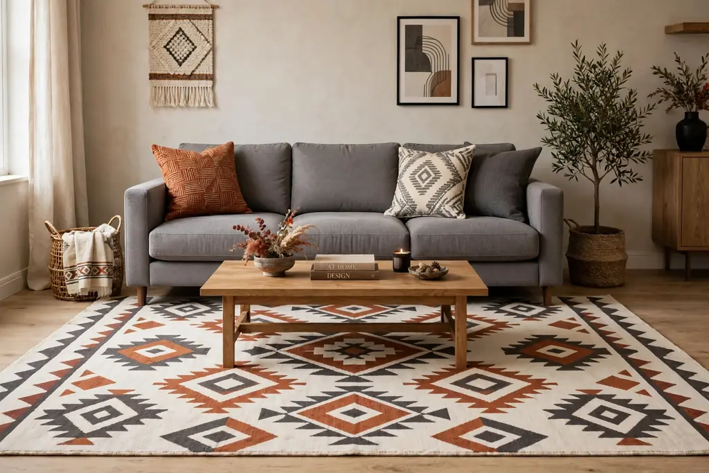 Grey sofa on a large patterned rug with geometric shapes in cream, rust, and charcoal.