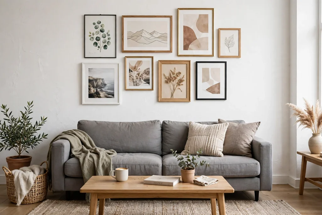 Grey sofa under a gallery wall of framed art prints in mixed frames.