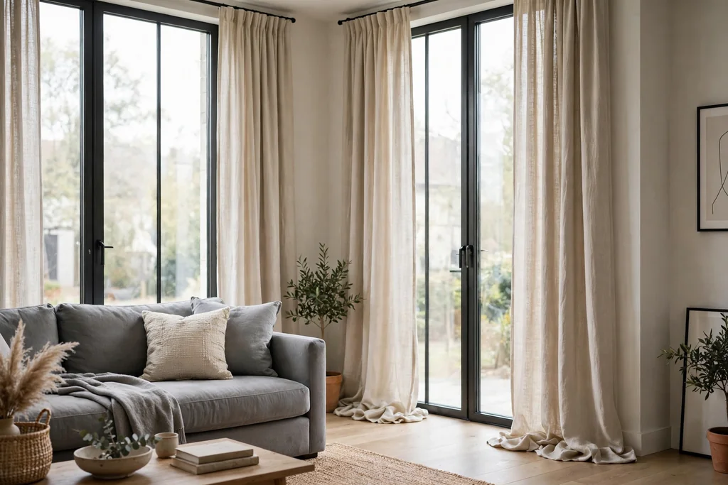 Grey sofa beside tall windows dressed with long linen curtains falling to the floor.