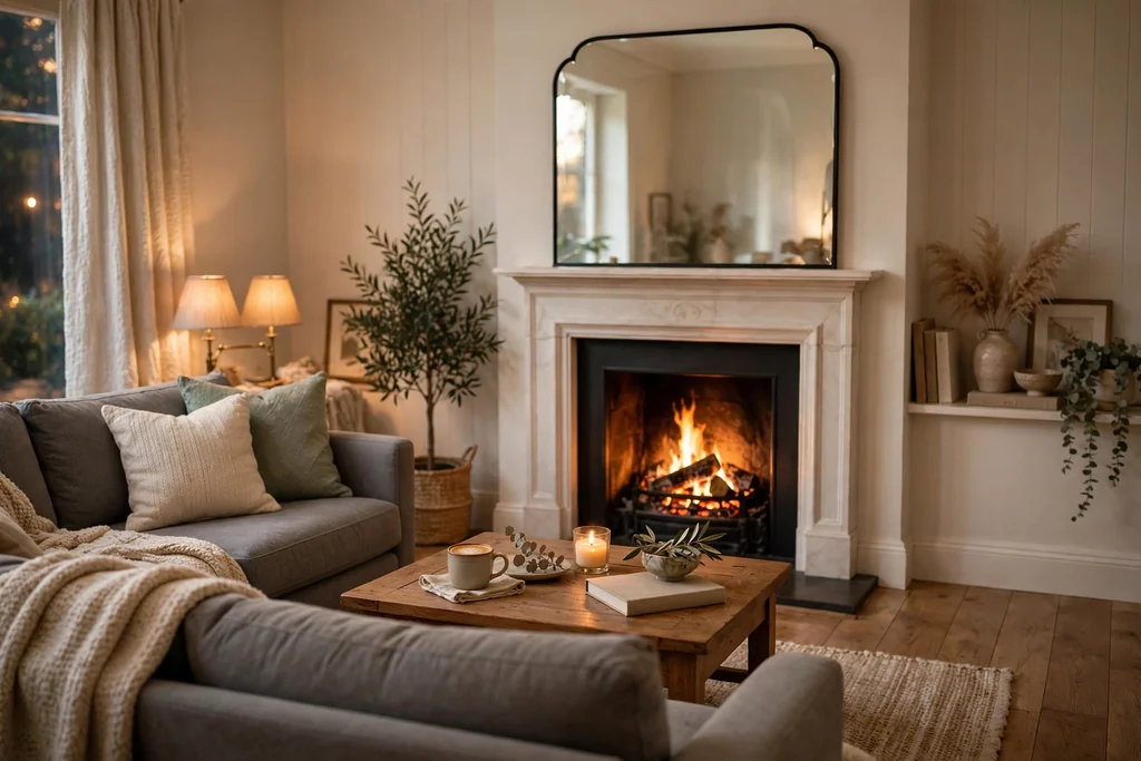 Grey sofa facing a fireplace with a white mantel, a lit fire, and a mirror above the mantel.