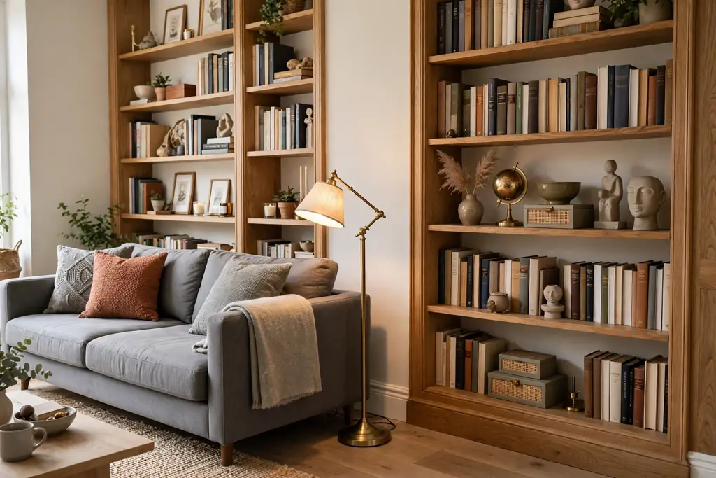 Grey sofa next to built-in bookshelves filled with books and ornaments, with a reading lamp.