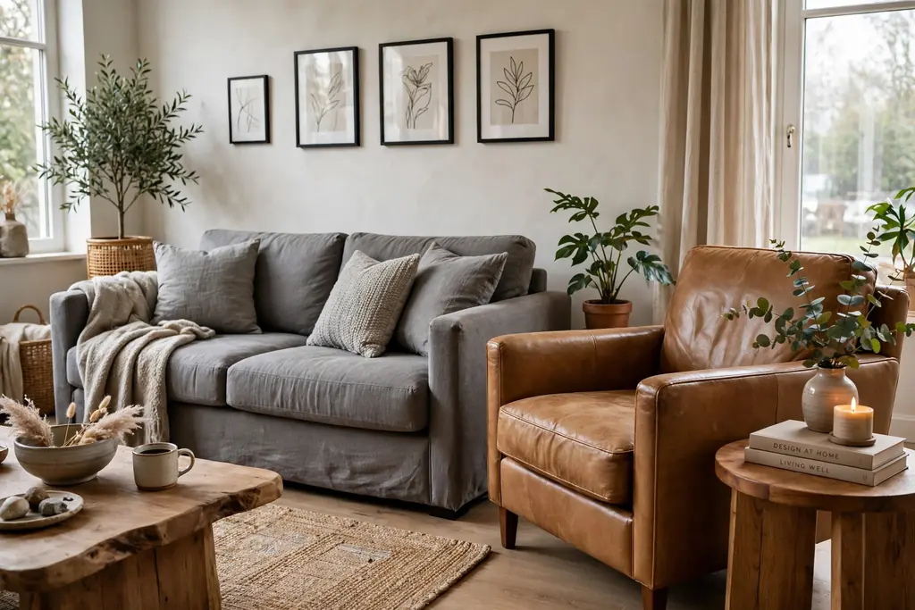 Grey fabric sofa paired with a tan leather armchair and a wooden side table.