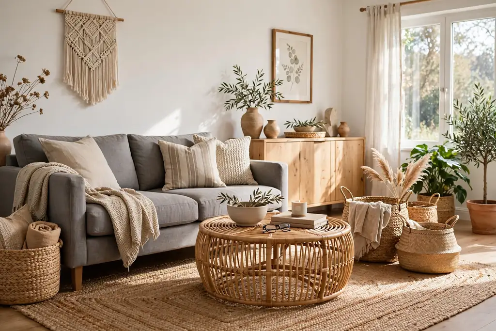 Grey sofa with a rattan coffee table, woven baskets, a jute rug, and natural textures.