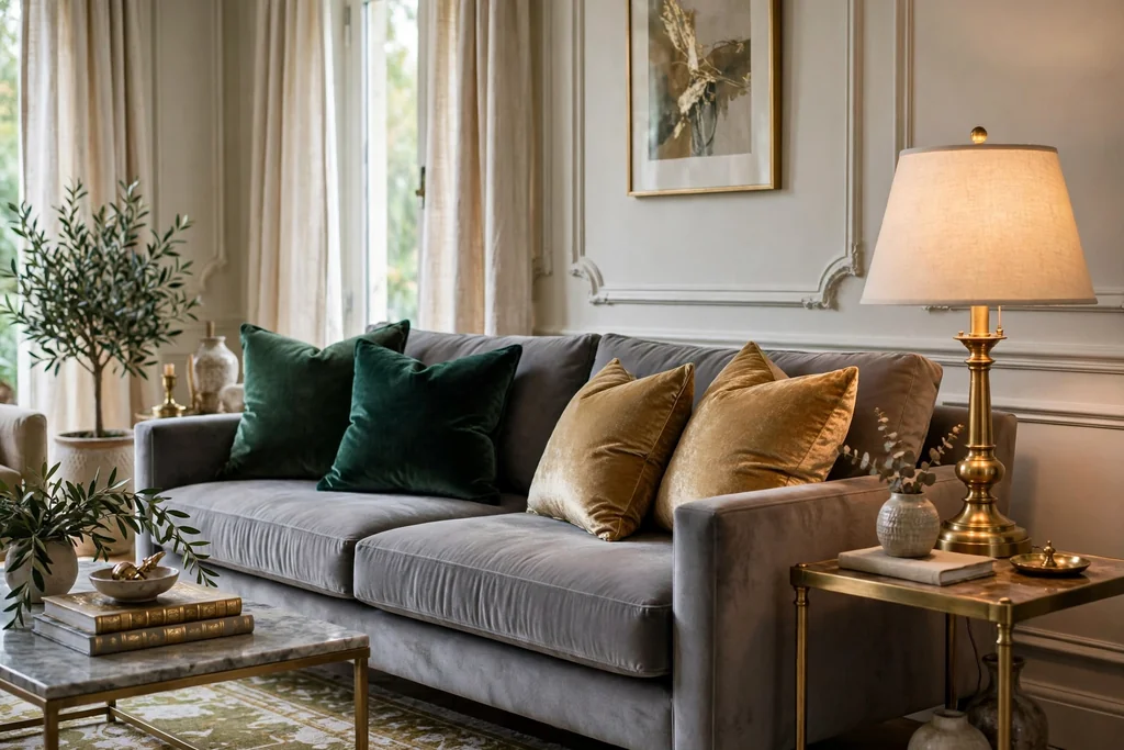 Grey sofa with plush velvet cushions in emerald and gold, and a brass lamp.
