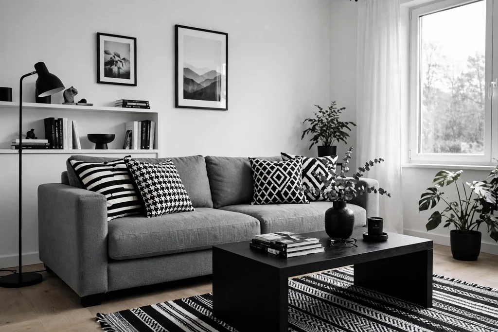Monochrome living room with a grey sofa, black and white cushions, white walls, and a black coffee table.