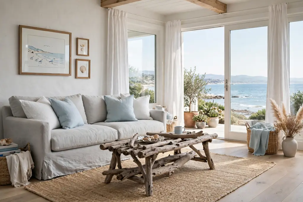 Coastal living room with a pale grey linen sofa, white and pale blue cushions, and a driftwood coffee table.