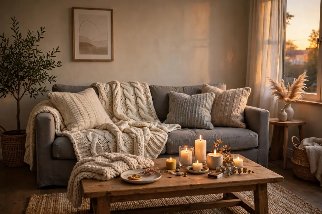 Grey sofa layered with chunky knit throws and wool cushions, with candles on the coffee table.