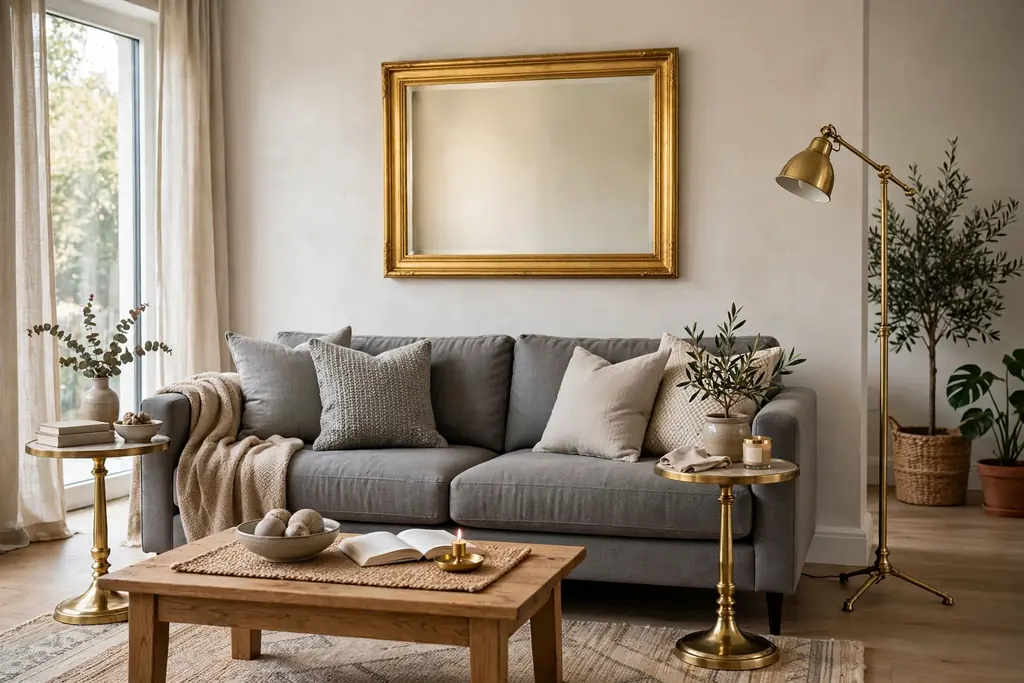 Grey sofa with brass side tables, a gold framed mirror, and a brass floor lamp.