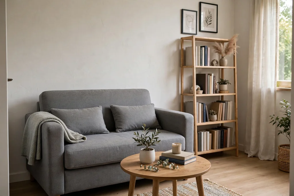 Small grey loveseat in a compact living room with a small round coffee table and a slim bookshelf.