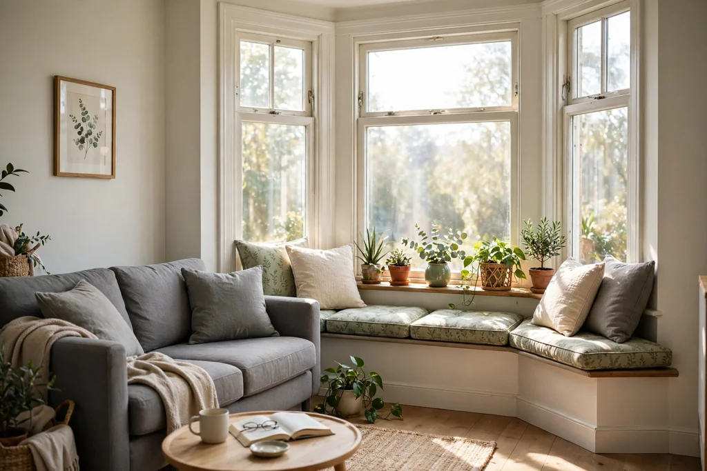 Grey sofa near a bay window with window seat cushions and daylight streaming in.