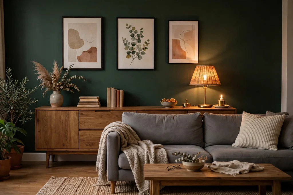 Grey sofa against a dark green feature wall with art and a wooden sideboard.