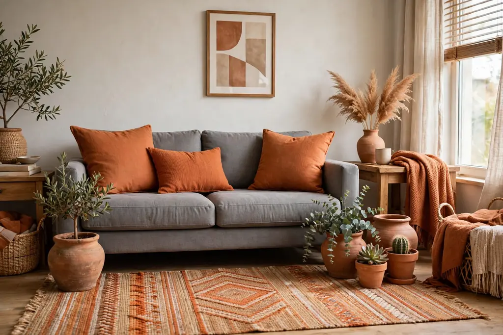 Grey sofa with terracotta orange cushions, clay pots, and a warm woven rug.