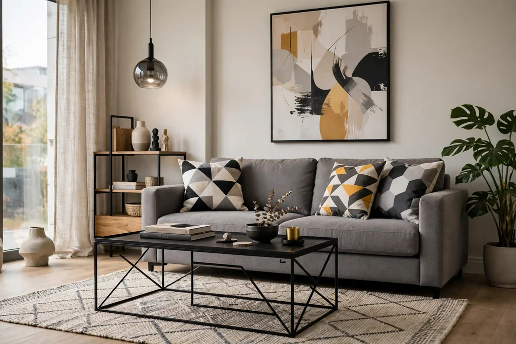 Modern living room with a grey sofa, geometric cushions, a black metal coffee table, and abstract art.