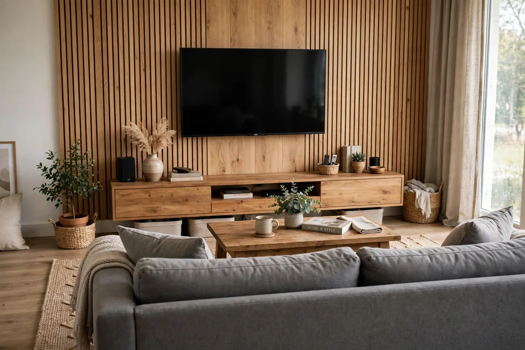 Grey sofa facing a television mounted on a wood panel wall with a low media console.