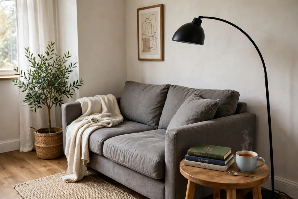 Grey sofa in a corner with an arc floor lamp, a small side table with books, and a cup of tea.