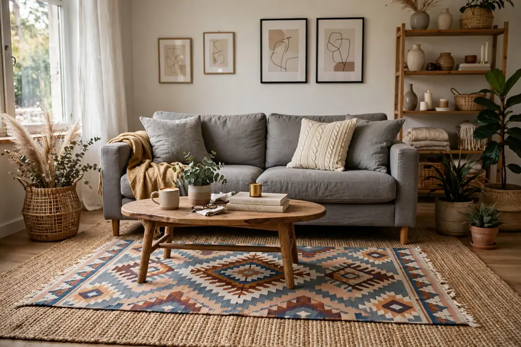 Grey sofa on layered rugs, a large jute rug with a smaller patterned rug on top.