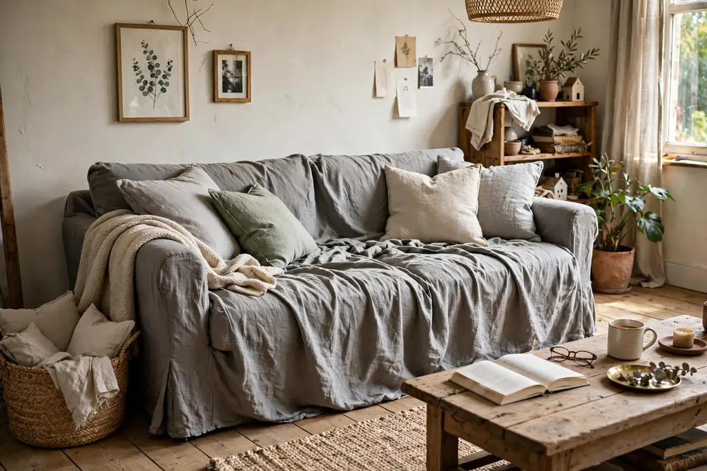 Relaxed slipcovered grey sofa with loose linen covers and soft cushions.