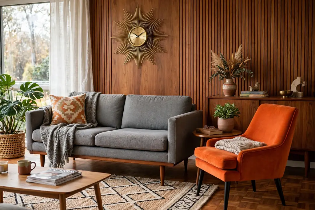 Mid-century style grey sofa with tapered wooden legs, an orange accent chair, and a sunburst clock.