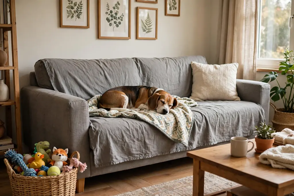 Grey sofa with a washable throw cover, a dog resting on a pet blanket, and a basket of toys nearby.