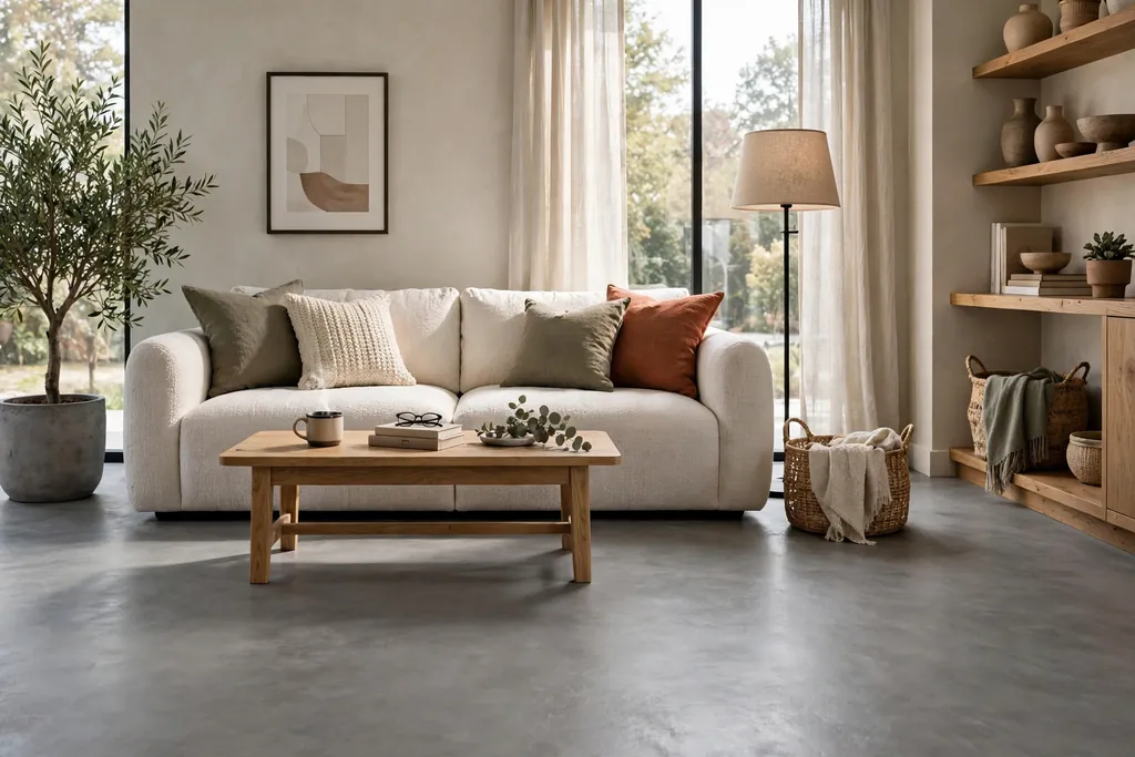 Living room with a smooth grey concrete-look floor and a fabric sofa.