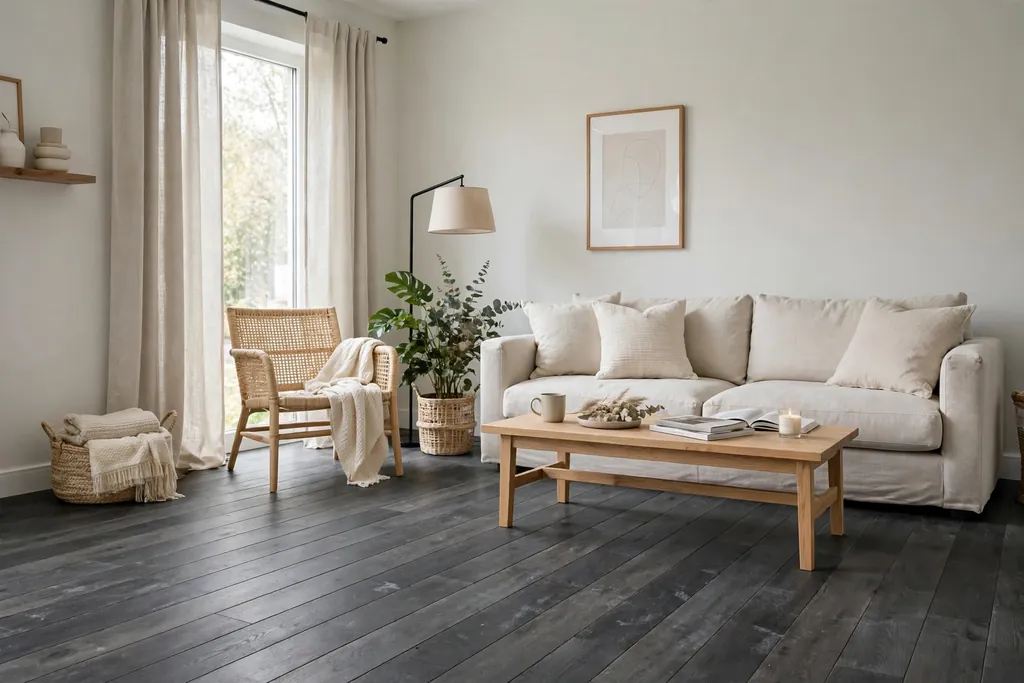 Living room with dark grey plank flooring, pale walls and a light sofa.
