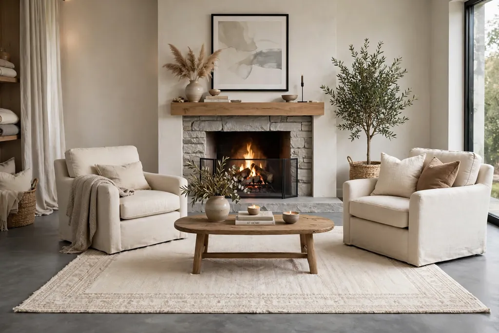 Fireplace seating group on a grey floor with a cream rug and armchairs.
