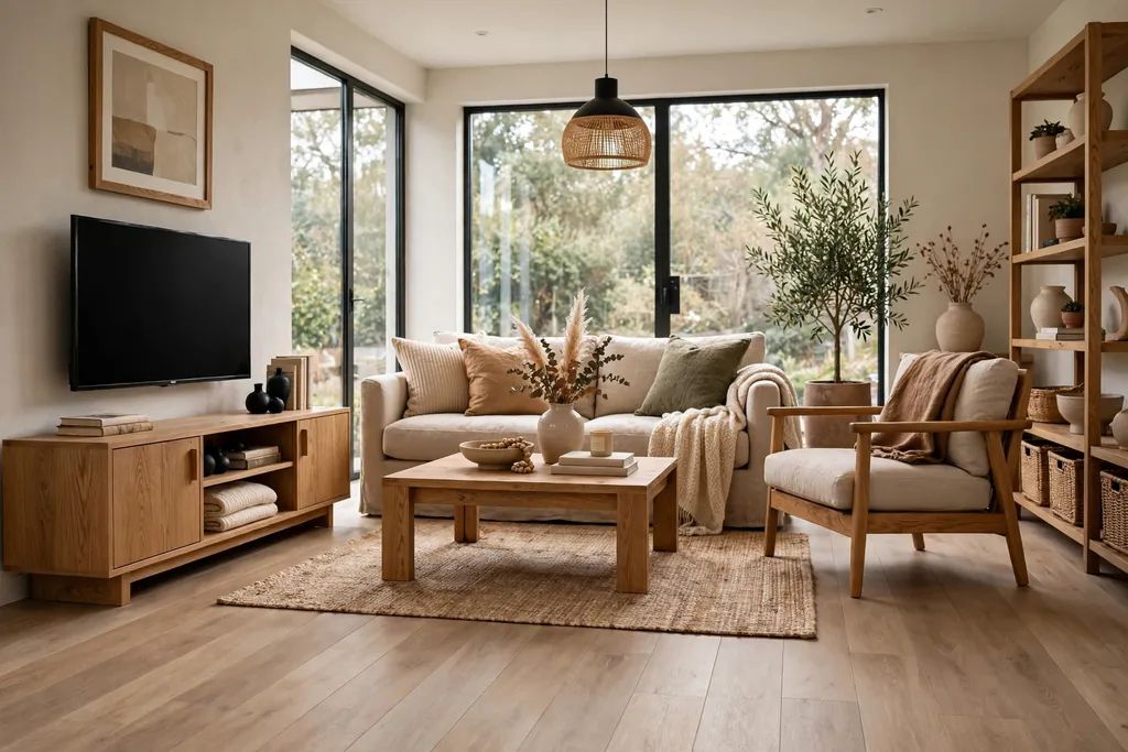 Living room with warm greige plank flooring and oak furniture.