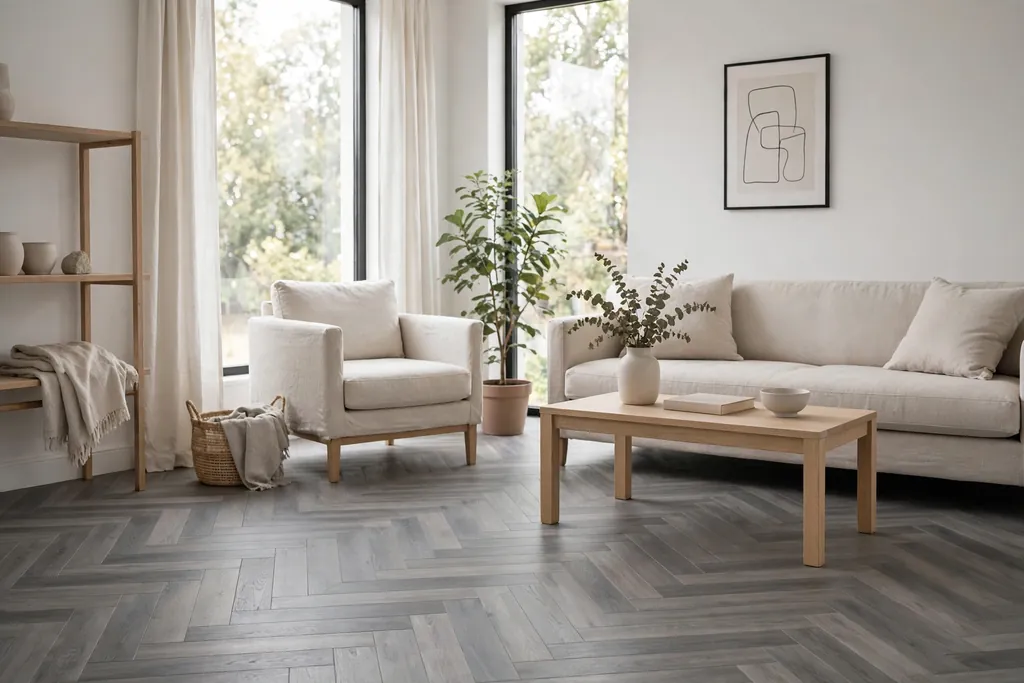 Living room with a grey herringbone plank floor and plain furniture.