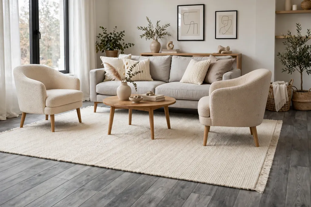 Large cream rug over grey plank flooring under a sofa and chairs.