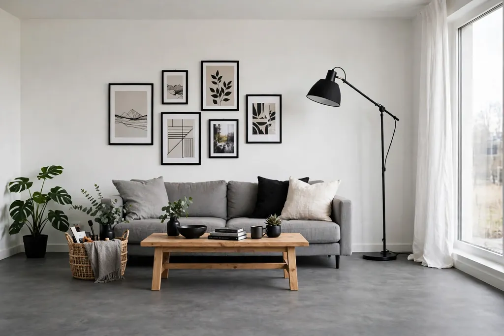 Living room with a mid grey floor, white walls and black lamp and frames.