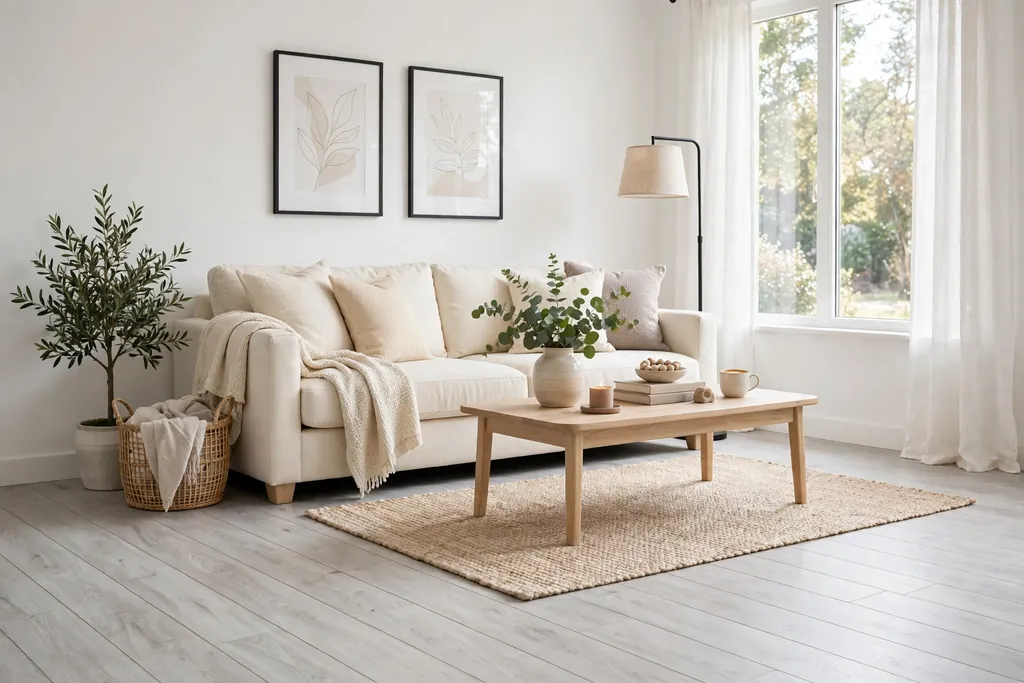 Living room with pale grey wood-look plank flooring, a cream sofa and white walls.