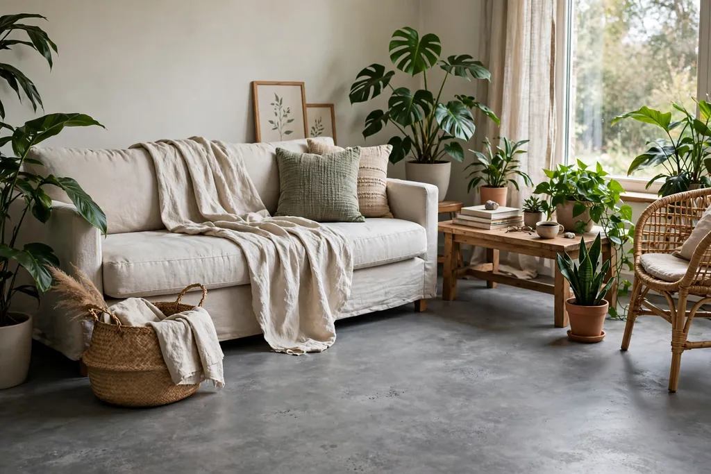 Living room with a grey floor, green plants, a woven basket and a linen throw.
