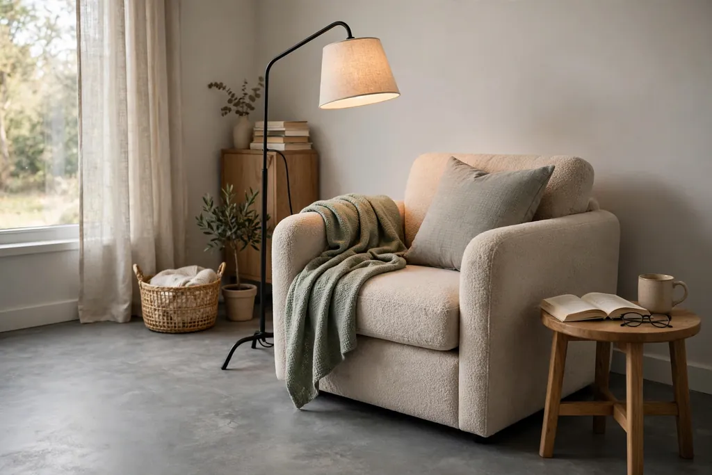 Reading corner on a grey floor with an armchair, a floor lamp and a small table.
