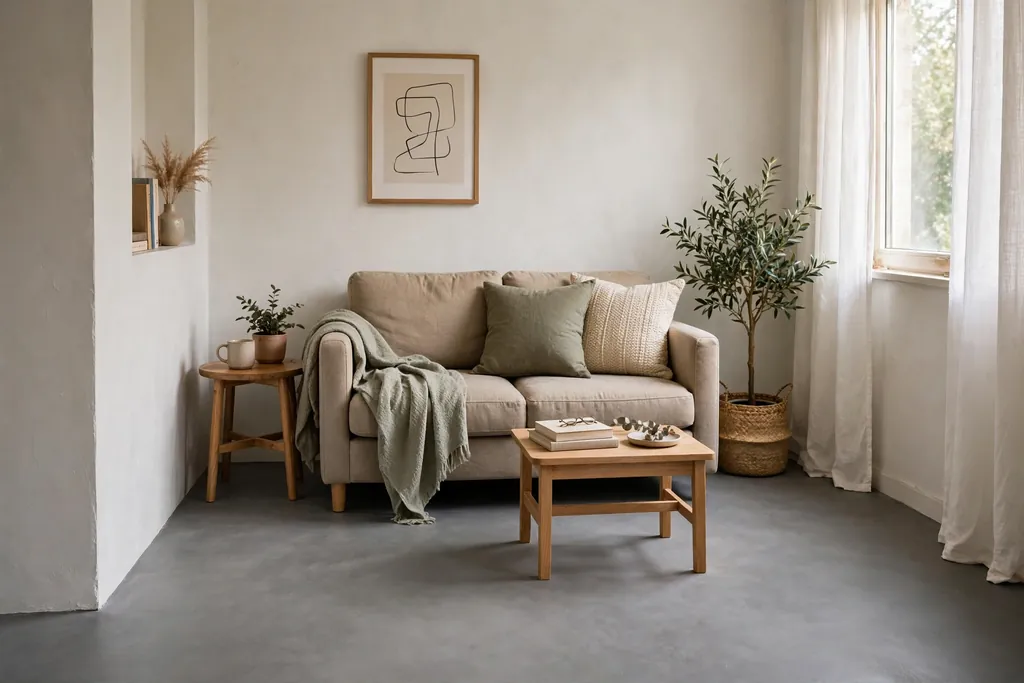Small living room with one continuous mid grey floor and a compact sofa.