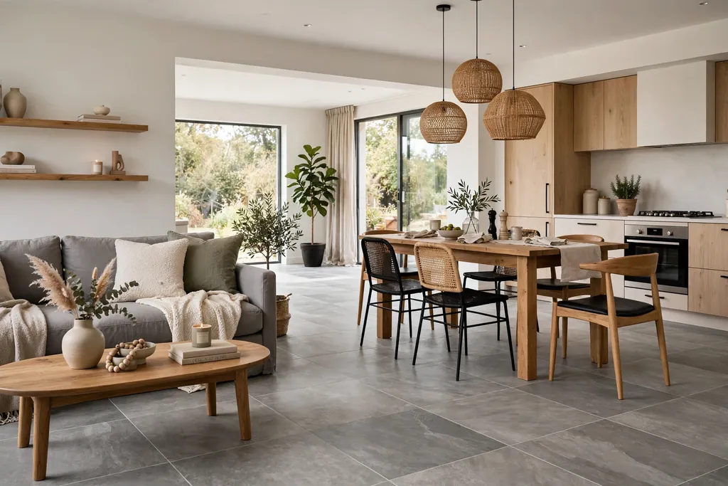 Open plan living room with large grey stone-look floor tiles.