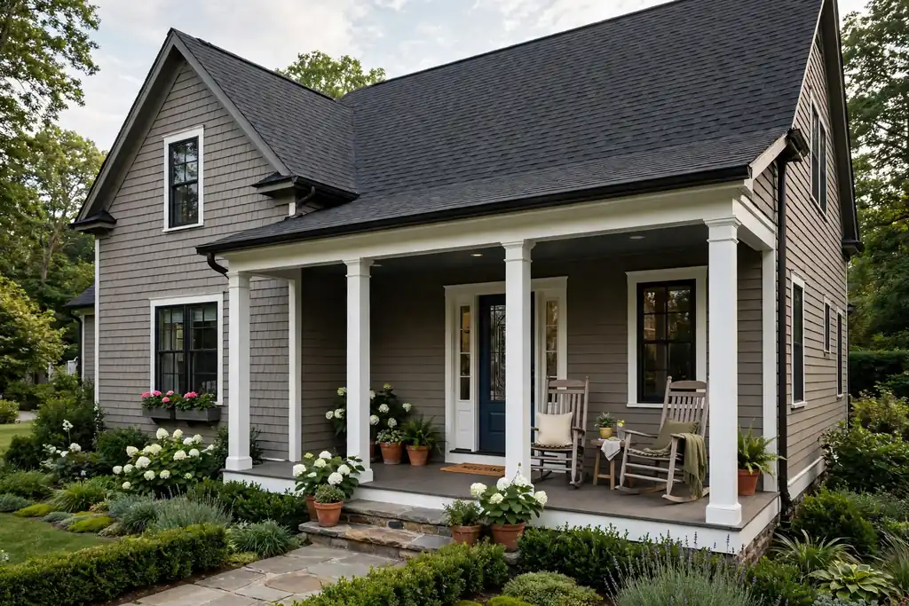Warm grey house with a black shingle roof, white porch columns, and a covered front porch.