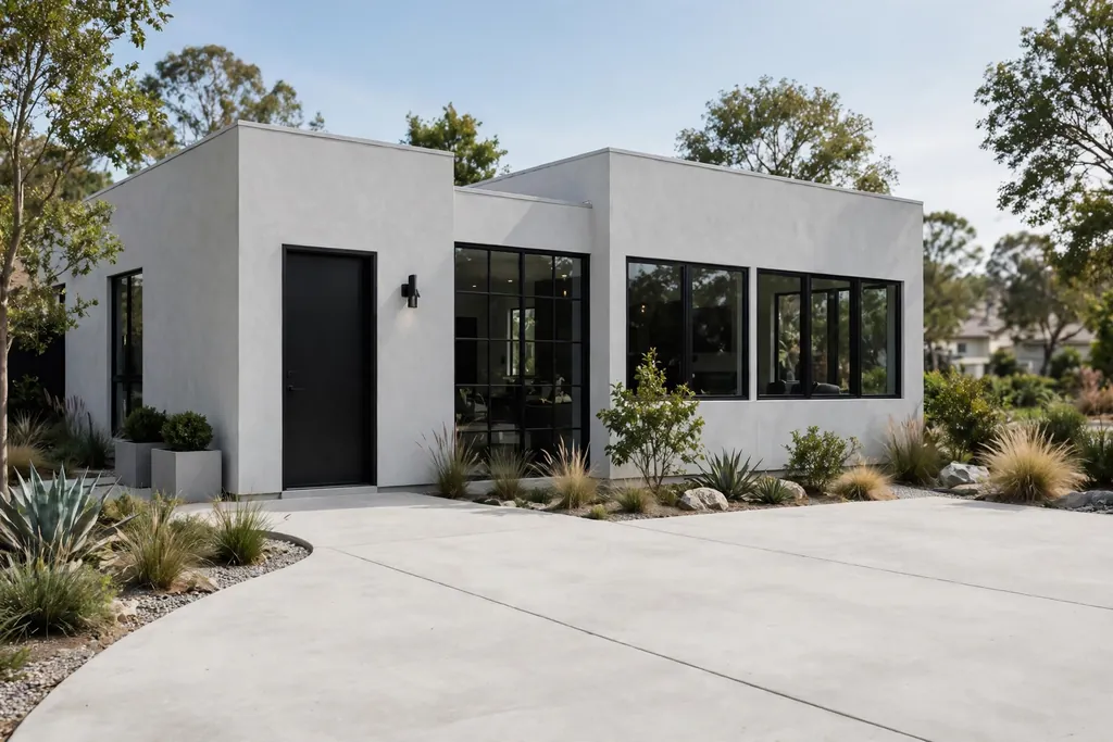 Light grey modern house with black window frames, a black front door, and a light concrete driveway.