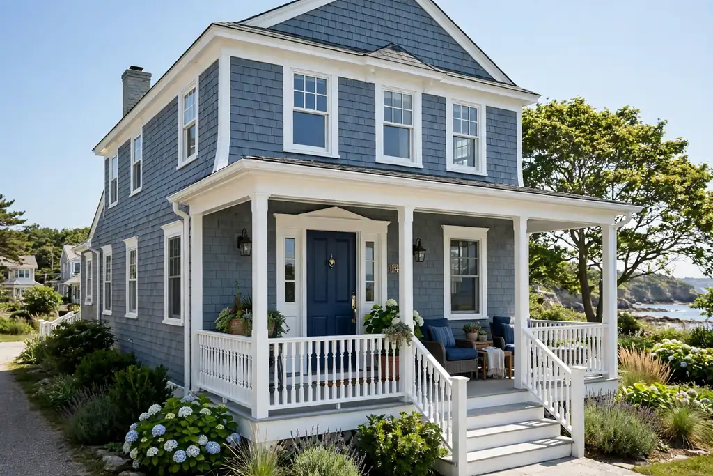 Blue grey coastal house with white trim, a navy front door, and white porch railings.