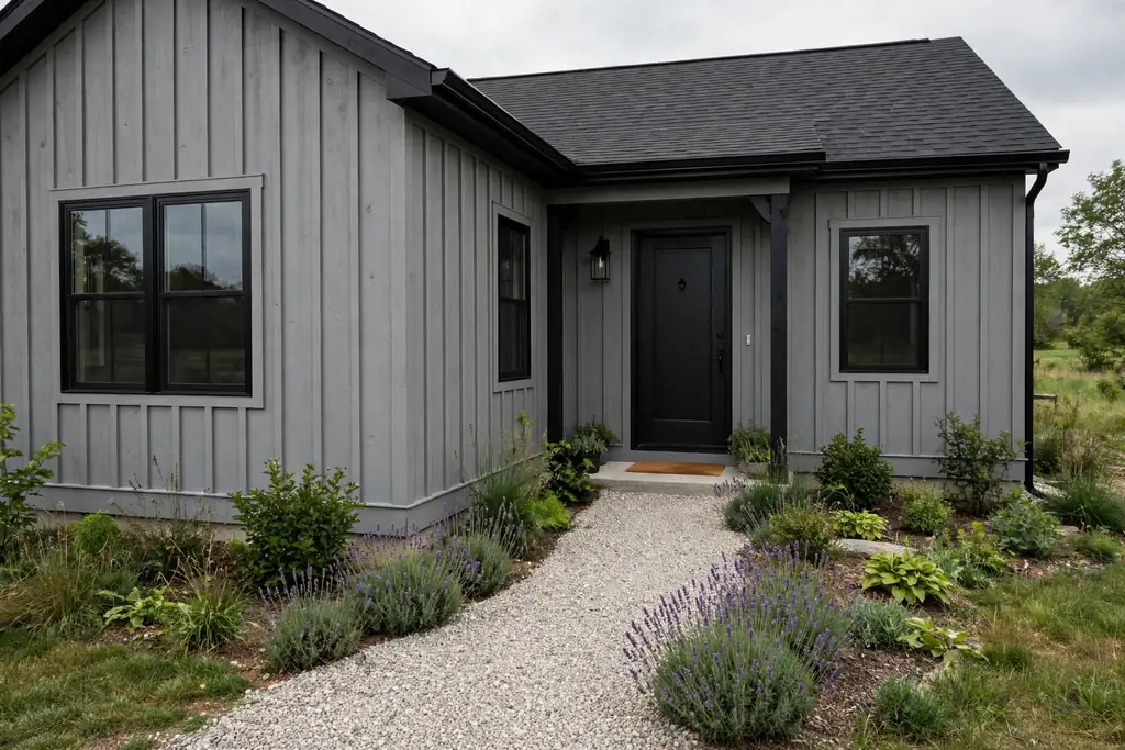 Grey board and batten farmhouse with black window frames, black door hardware, and a gravel front path.