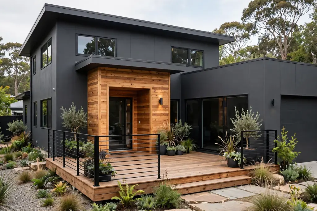 Dark charcoal grey house with warm wood cladding around the entrance and a wooden deck.
