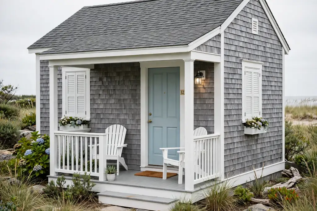 Mid grey coastal cottage with white trim, a pale coastal blue front door, and white porch chairs.
