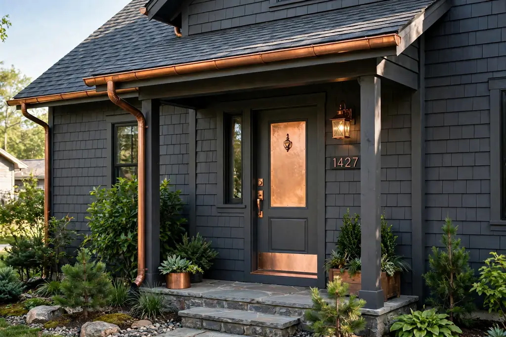 Dark grey house with copper gutters, a copper porch light, and a copper toned front door accent.